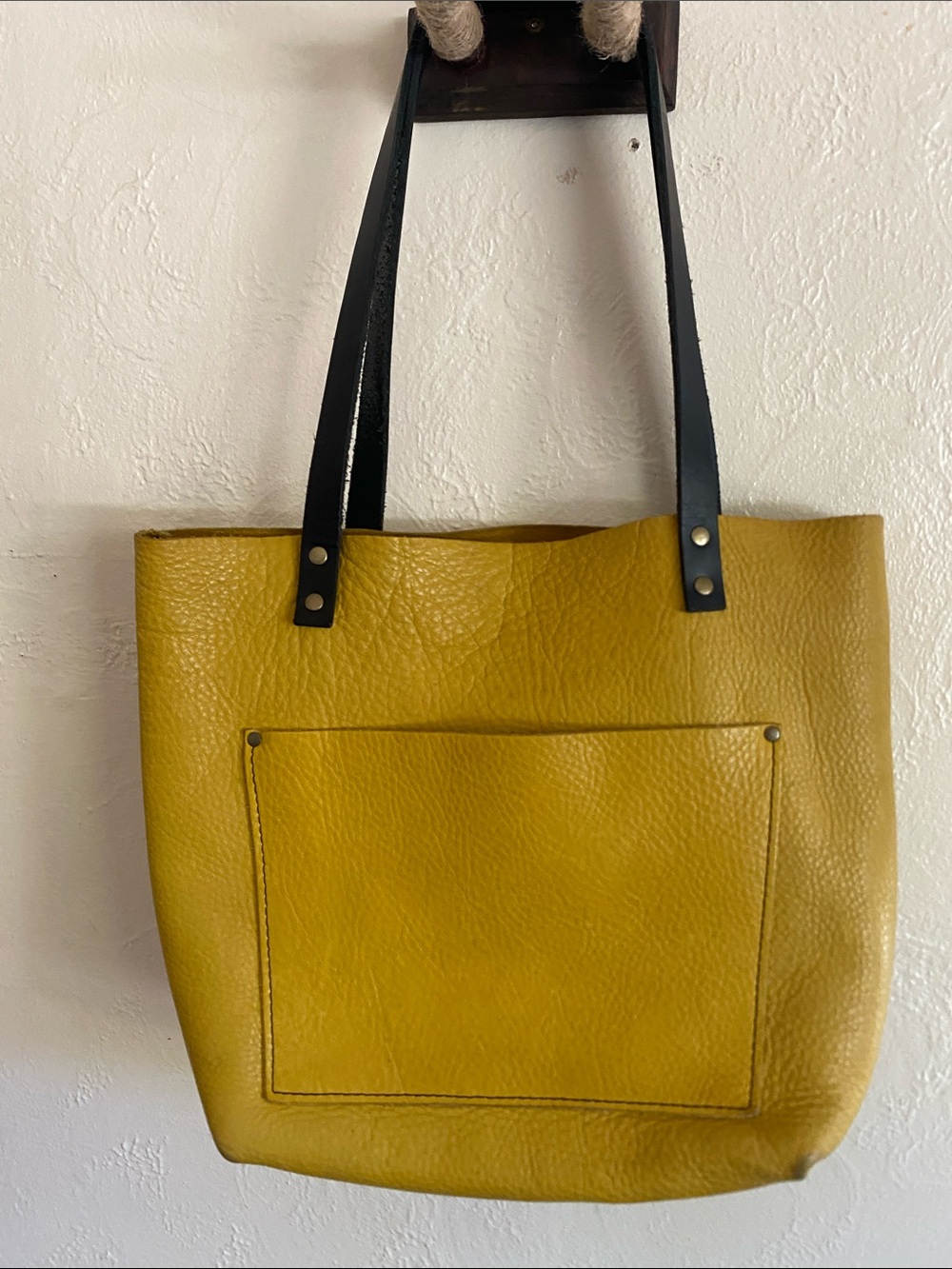 Mustard Yellow Leather Tote with Black Straps